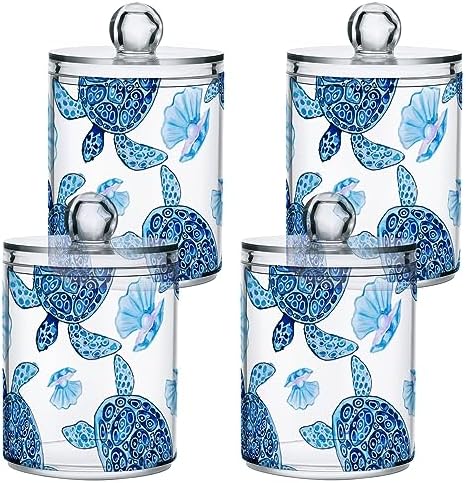 Qtip Holder Dispenser Apothecary Jars with Lids Blue Turtle Shell Clear Bathroom Container Cotton Swab Ball Holder 2 Pack