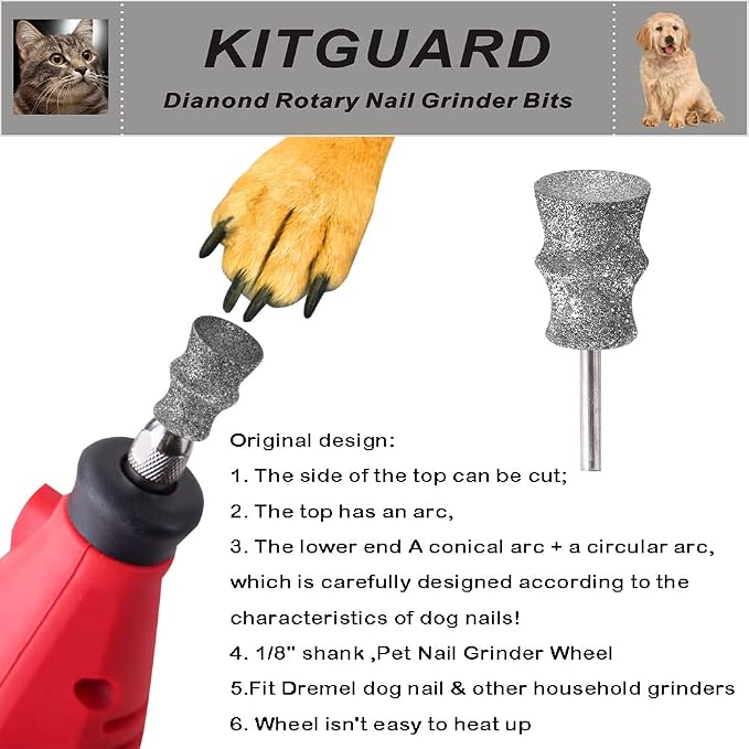 Diamond Dremel Dog Nail Grinder Bits for Rotary Tool-1/8'' Dremel Dog Nail Grinder Attachment-Pet Nail Grinder Bit Work for Animals Nail Care Large B 2P