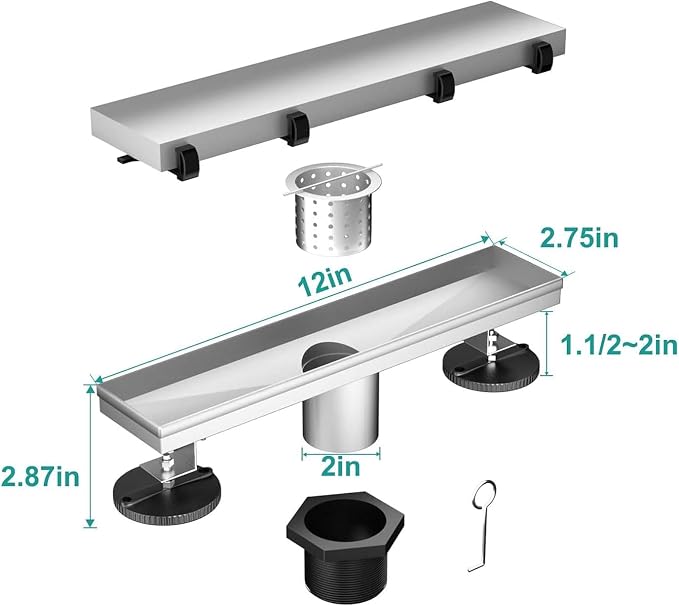 BARONAGE 12 Inch Linear Shower Drain Reversible Tile Insert, Brushed Nickel | 304 Stainless Steel Linear Drains, Rustproof, Hair Catcher, Rectangle Shower Floor Drain With Leveling Feet For Bathroom