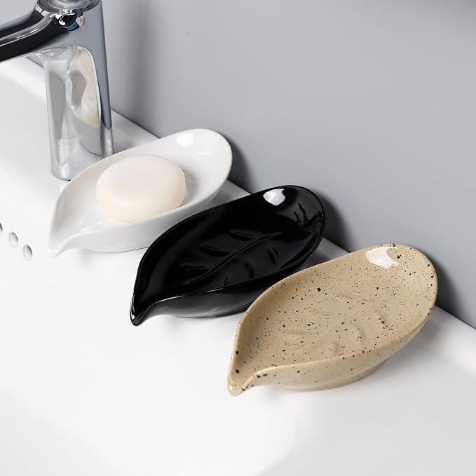 Soap Dish 2PCS, Self-Draining Bar Soap Holder, Leaf Shape Ceramic Drain Soap Dishes for Bathroom Kitchen, Easy to Clean Keeps Soap Dry, White, ANTIS'S HOME