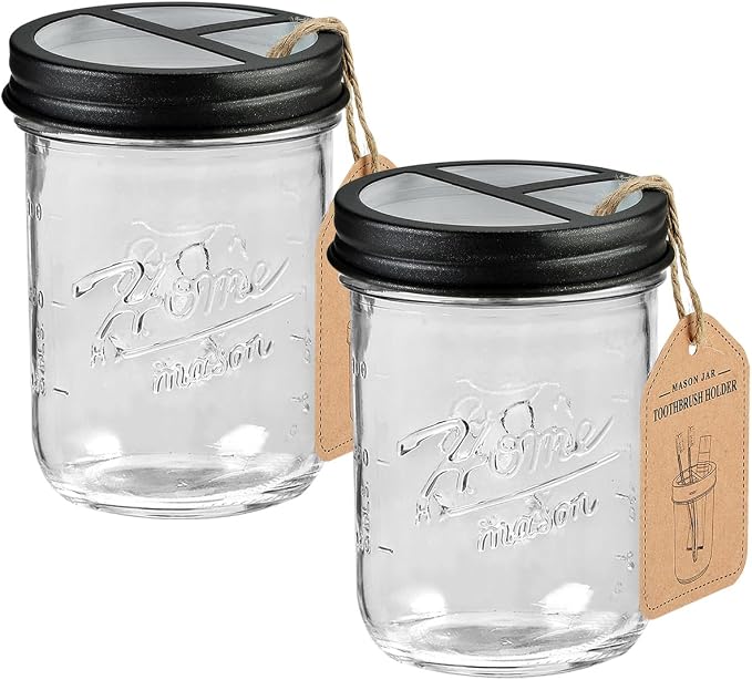 Sheechung Mason Jar Toothbrush Holders, Glass Toothbrush Holders for Bathrooms, Electric Toothbrush Toothpaste Holder Black, Bathroom Organizers and Storage, Bathroom Essentials, Farmhouse Decor, 2Pcs