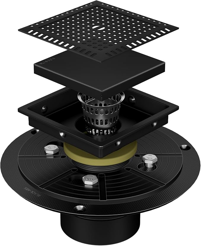 4 Inch Square Black Shower Drain Kit with Flange & Lifting Hook, Modern Floor Drain with 2-in-1 Cover Tiled Insert Grate, Stainless Steel SUS 304 (Matte Black, 4 Inch)