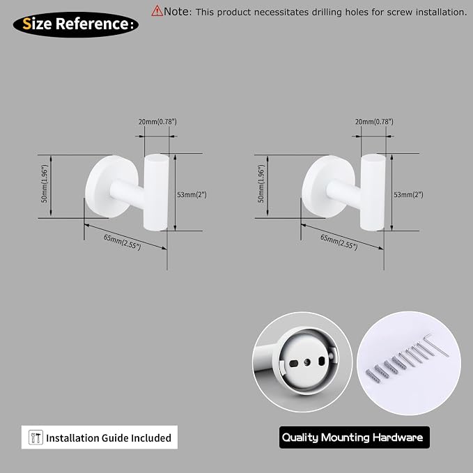 GERZWY Towel Hook Stainless Steel Robe Coat Hook Wall Mounted Luxury Hooks for Bathroom Hotel 2 Pack, White