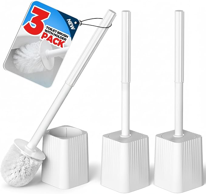 FORASTO 3Pack Toilet Bowl Brush and Holder Set - Restroom Cleaning Supplies | Ergonomic Handle, Bathroom Decor Accessories, Apartment Must Haves, Home Essentials for New Home, Cleaning Supplies