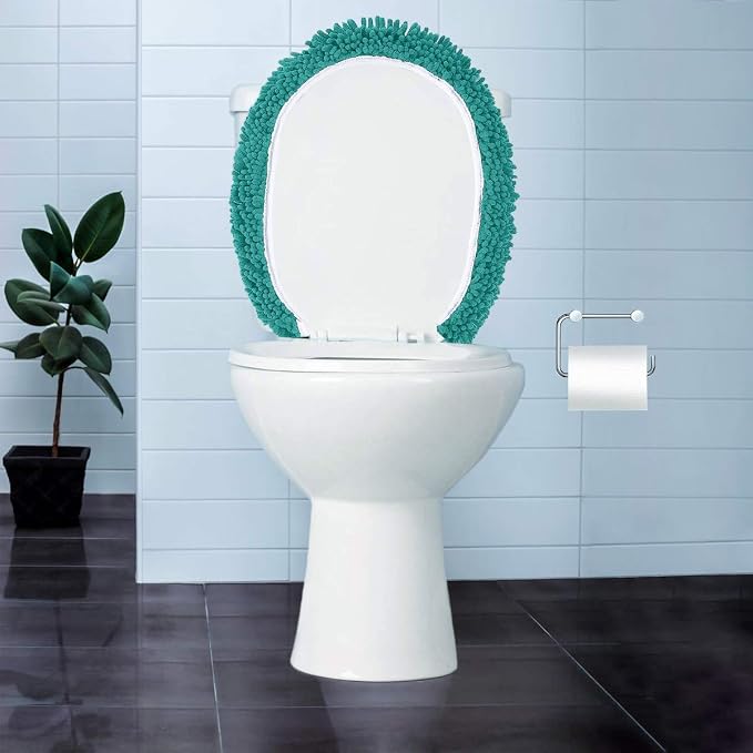 LuxUrux Toilet Lid Cover with Stretch Fit Elastic Band – Chenille Microfiber Toilet Seat Non-Slip Cover for Bathroom – Soft Plush, Machine Wash And Dry, Comfort & Clean Look (18 x 21'', Turquoise)