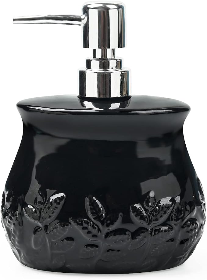 Ceramic Embossed Leaves Bathroom Accessories Set, 4 Piece Bathroom Ensemble Set with Toothbrush Holder, Toothbrush Cup, Soap Dispenser, Soap Dish(Black)