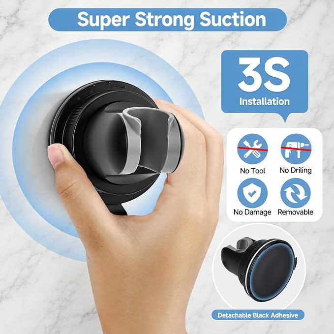 Shower Head Holder, Black 360°Adjustable Handheld Shower Holder Removable No-Drill Strong Adhesive Suction Cup Shower Head Holder for Bathroom