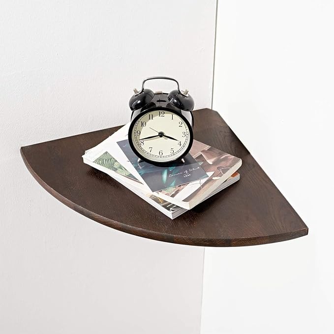 Corner Shelf, Solid Oak Wood Floating Corner Shelf Wall Mount Round End Floating Speaker with Wire Hole for Small Plant Photo for Bedroom Kitchen, Living Room Walnut