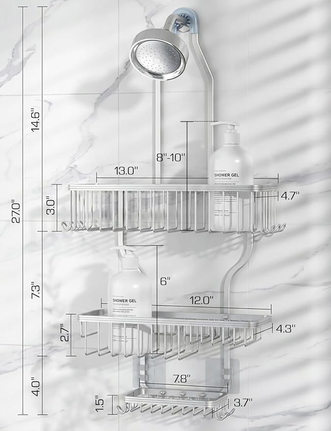 Never Rust Shower Caddy Hanging, Aluminum Shower Racks for Inside Shower, 3-Tier Shower Organizer Hanging Over Shower Head with Hooks and Soap Holder, Silver