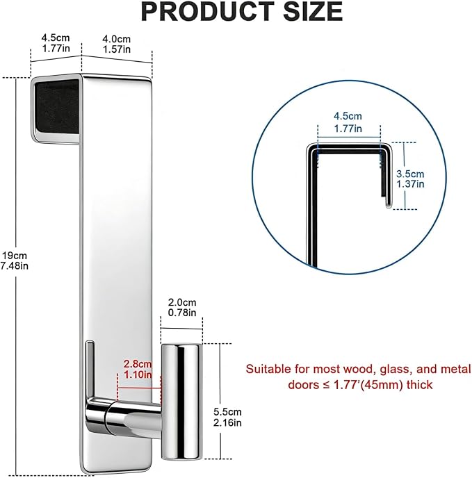 PMMASTO 2-Pack Over The Door Hooks - Rustproof Stainless Steel Door Hangers for 1-3/4 Inch Doors, Non-Marking and Tool-Free Easy Install (Polished Silver, T Shape-Fits 1-3/4" Thick Door)