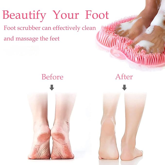 Shower Foot and Back Scrubber Mat,Wall Mounted Shower Foot Scrubber with Suction Cups,Exfoliating Silicone Massage Foot Cleaner for Shower(Grey&Pink)