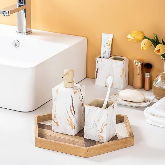 RQYIXI Ceramic 4-Piece Bathroom Accessories Set, Gold, Marble Design | marble look ceramic square design unique veining pattern modern countertop organization