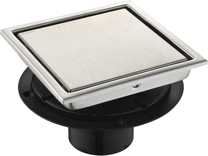 6-Inch Square Shower Drain, Brushed Nickel Floor Drain with Flange, 304 Stainless Steel Bathroom 2-in-1 Tile Drain