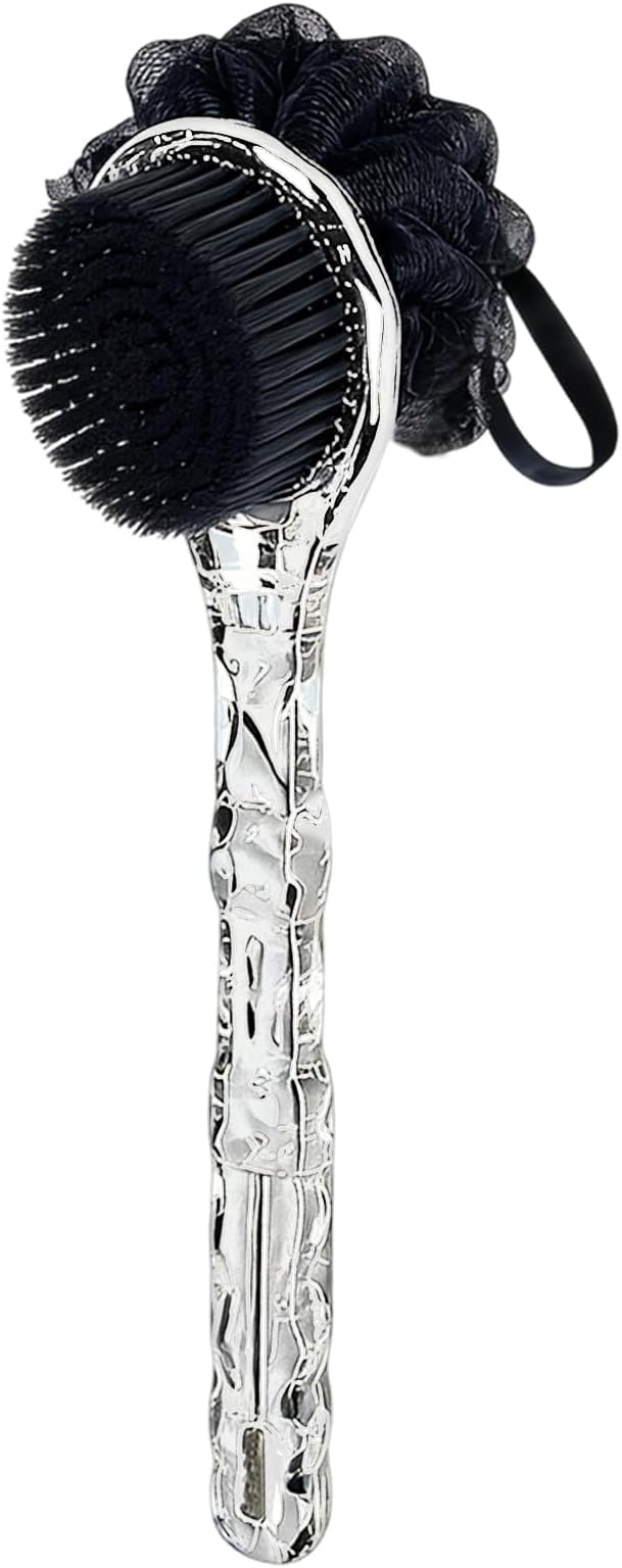 Long Handle Back Scrubber,Dual-Sided for Exfoliation & Deep Cleansing(Black | For Back & Legs & Feet, Non-slip textured handle, Rich Lather,Easy Hanging, For All Skin Types