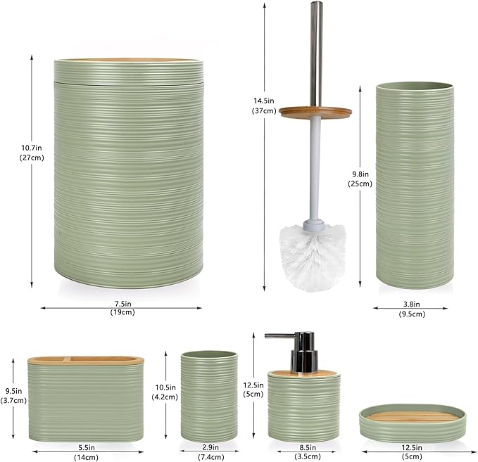 CERBIOR Bamboo Bathroom Accessories Set 6 Piece Spiral Bath Ensemble,Green | Includes Soap Dispenser, Toothbrush Holder, Toothbrush Cup, Soap Dish for Decorative Countertop and Housewarming Gift