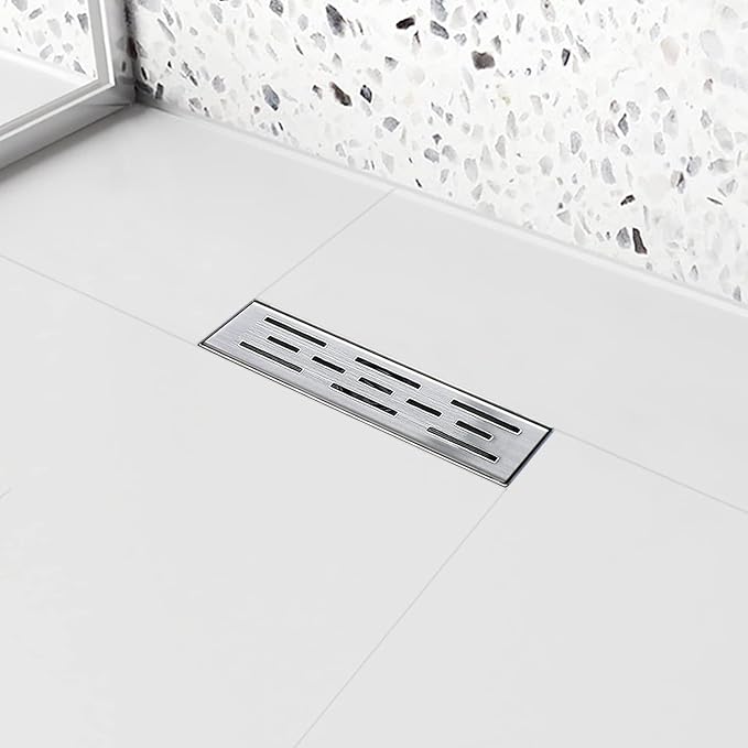 Linear Shower Drain, Shower Drain 12 inch with Bar Pattern Grate, Durable AISI 304 Stainless Steel Shower Drain, Linear Drain with Hair Strainer and Leveling Feet