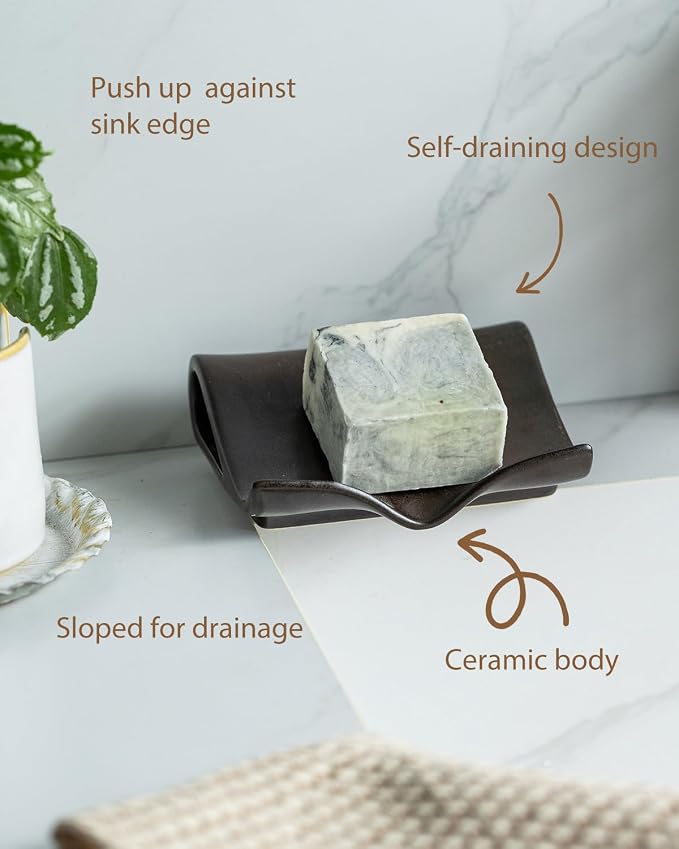 Zoeeker Soap Dish with Drainage, Ceramic Self-Draining Bar Soap Holder | Waterfall Design Soap Drying Tray for Bathroom, Kitchen, Sink, Soap Saver Keep Dry, Extends Soap Life, Black-Brown Glaze