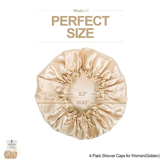 Shower Caps Satin Lined Waterproof for Women Men - 4Pc Golden | Double Layer 100 Percent Dry Jumbo Oversized Fits Thick Hair Smooth Lining Prevents Hair Frizz Snug Elastic Band No Pressure
