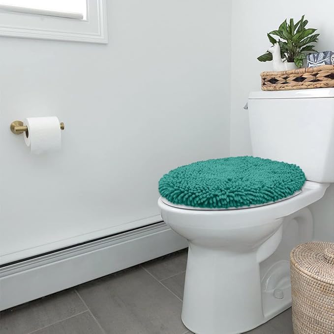 LuxUrux Toilet Lid Cover with Stretch Fit Elastic Band – Chenille Microfiber Toilet Seat Non-Slip Cover for Bathroom – Soft Plush, Machine Wash And Dry, Comfort & Clean Look (18 x 21'', Turquoise)