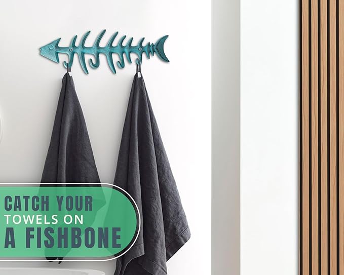 Comfify Blue Fish Bones Cast Iron Wall Hook Rack – 4 Hooks, Screws | Blue; fish bones cast iron; 9.05"L x 3.34"H; 4 hooks; screws & anchors included; coastal nautical decor
