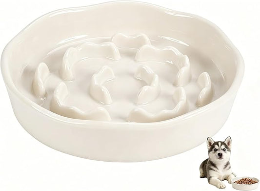 Pet Feeding Bowls, Ceramic Slow Feeder Dog Bowl - Heavy Weighted Blue Bloom Food Dish for Small to Medium Dogs - Non-Slip, Microwave & Dishwasher Safe Pottery Maze to Fast Eating (Milky White)