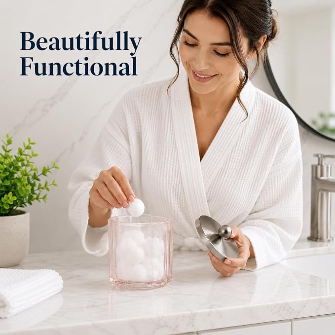 Blush Translucent Apothecary Octagional Shaped Glass Canister Jar With Metal Lid Cover for Bathroom Organization, Cotton Balls, Q Tips, and Small Accessories, Bathroom Storage