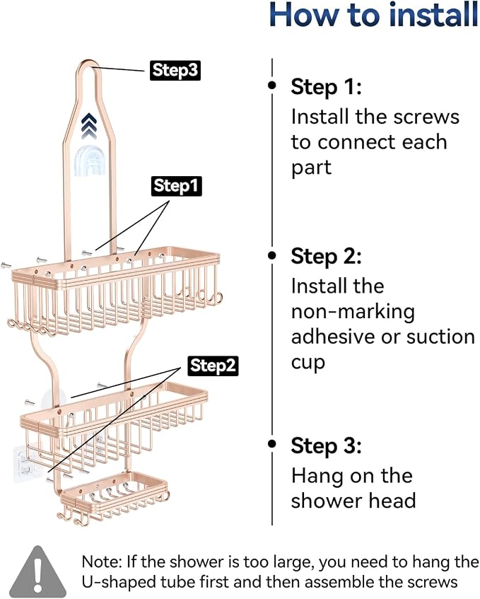 Never Rust Shower Caddy Hanging, Aluminum Shower Racks for Inside Shower, 3-Tier Shower Organizer Hanging Over Shower Head with Hooks and Soap Holder, Rose Gold