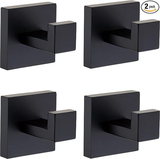 Wall Towel Hooks Matte Black Bathroom Bath Towel Hook Stainless Steel, Square Towel Robe Coat Hook Wall Mounted Toilet Kitchen Heavy Duty Door Hanger 4 Pack