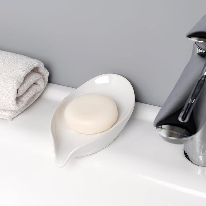Soap Dish 2PCS, Self-Draining Bar Soap Holder, Leaf Shape Ceramic Drain Soap Dishes for Bathroom Kitchen, Easy to Clean Keeps Soap Dry, White, ANTIS'S HOME