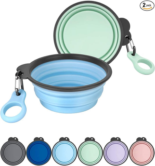 2 Pack 15oz/1.8 Cup Collapsible Dog Bowls with Bottle Carrier | Upgraded Carabiner,One-piece Molded Rim Won't Fall Off or Crack, Foldable Portable for Pets Water Drinking or Food Feeding