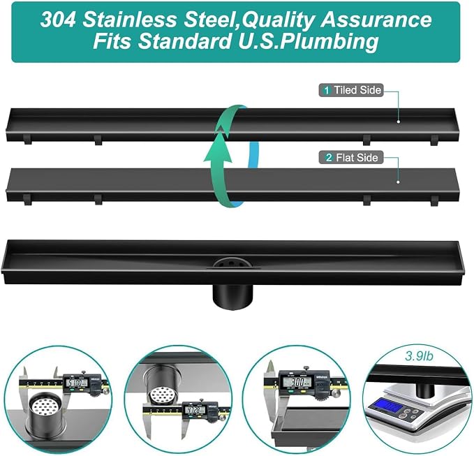 ELLO&ALLO 36 Inch Matte Black Linear Shower Drain, SUS304 Stainless Steel Rectangle Shower Floor Drain with 2-in-1 Flat & Tile Insert Cover