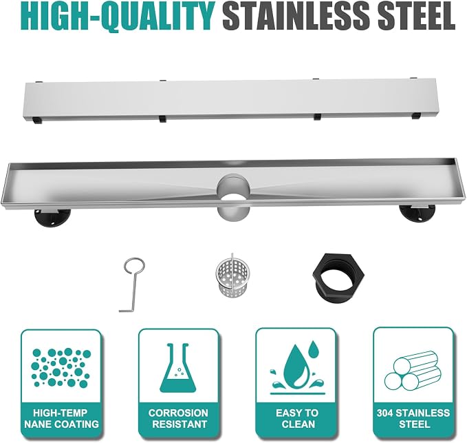 BARONAGE 36 Inch Linear Shower Drain, Rectangle Shower Floor Drain with 2-in-1 Flat & Tile Insert Cover, 304 Stainless Steel Bathroom Drains with Hair Catcher and Leveling Feet (Brushed Nickel)