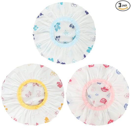 3 Pack Reusable Waterproof Shower Caps For Women Kids, Flower | Non-Slip Elastic Band, for Shower, Spa, Travel, Makeup, Cooking, Hair Care