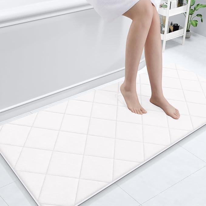 OLANLY Memory Foam Bath Mat 59x24, Ultra Soft and Absorbent Bathroom Rugs | White, Quick Dry, Machine Washable Shower Bath Rugs, Comfortable Bath Carpet for Bathroom Floor, Tub and Shower