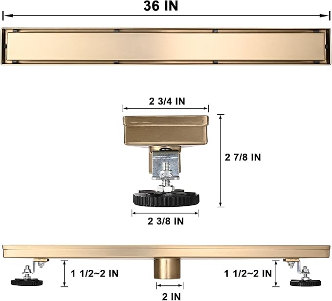 AVSIILE Linear Shower Floor Drain, Brushed Gold 36 Inch 304 Stainless Steel Bathroom Drains Kit, Rectangular Shower Trench Drain with Reversable Tile-in Pattern Drain Cover & Hair Catcher
