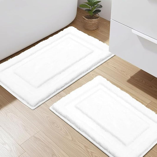 SHACOS Soft Microfiber Bathroom Rugs Set of 2 Pieces, White | 32x20 + 24x16, Absorbent Plush Bath Rugs, Non Slip Washable Shaggy Bath Mats, Fluffy Bathroom Runner Floor Mats Shower Rug