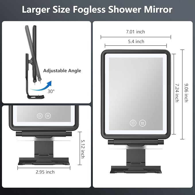 Heated Shower Mirror Fogless for Shaving, Anti-Fog Mirror for Shower | 3 Colors Stepless Dimmable Lights, 5000mAh Rechargeable Battery with Razor Holder, No-Drilling, Light Memory Function