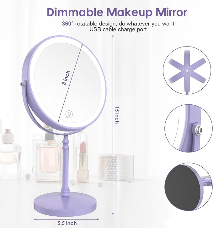 DEIOVWXS Makeup Mirror, Rechargeable Vanity Mirror with 3 Lights, 1X/10X | Adjustable Brightness, 3000mAh, Double-Sided, Gift for Mom, Women, Wife, Girls, Dorm Room Essential