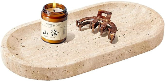 Natural Oval Travertine Vanity Tray 11.8 x 5.9inches, Beige Marble Stone Tray Dish Bathroom Catchall Tray for Jewelry Perfume Candle, Large Decorative Tray for Bedroom/Counter/Home Decor