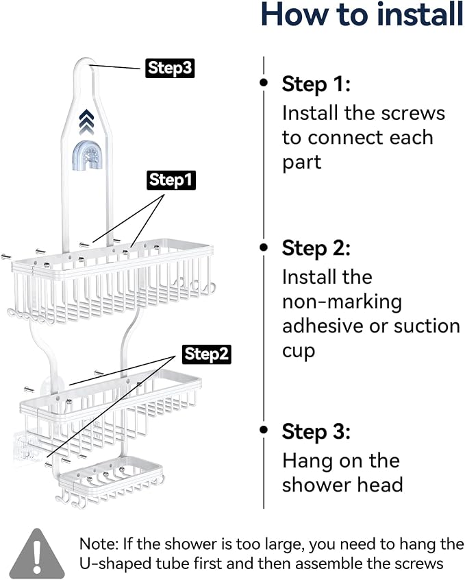 Never Rust Shower Caddy Hanging, Aluminum Shower Racks for Inside Shower, 3-Tier Shower Organizer Hanging Over Shower Head with Hooks and Soap Holder, White