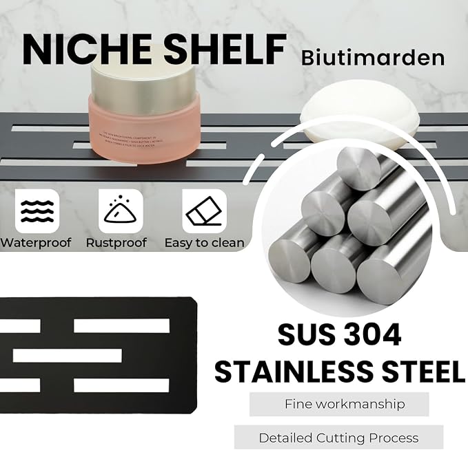11.81 Inch Shower Niche Shelf for Prefabricated Tile Niches SUS304 Stainless Steel Shower Shelf for Tile Prefab Niche (Black)