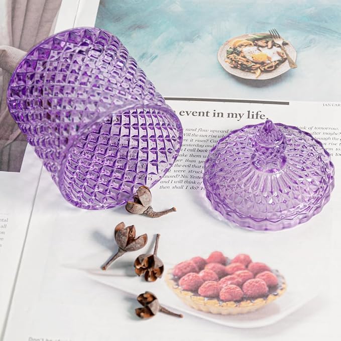 2 Pack Glass Qtip Holder, Apothecary Jars with Lids Bathroom Storage | Purple (10+24oz), Storage for Cotton Swabs, Balls, Pads, Floss Pick, Makeup, Candy & Jewelry, Vanity Organizer for Bathroom