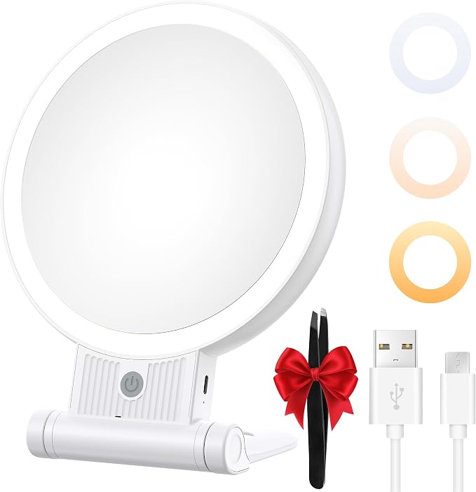 Makeup Mirror with Light, 1X/30X, 3 Colors, Rechargeable 2000mAh | Double-Sided Mirror with Adjustable Brightness for Vanity Tables, Bathrooms, Makeup, Skincare, and Grooming, Grey