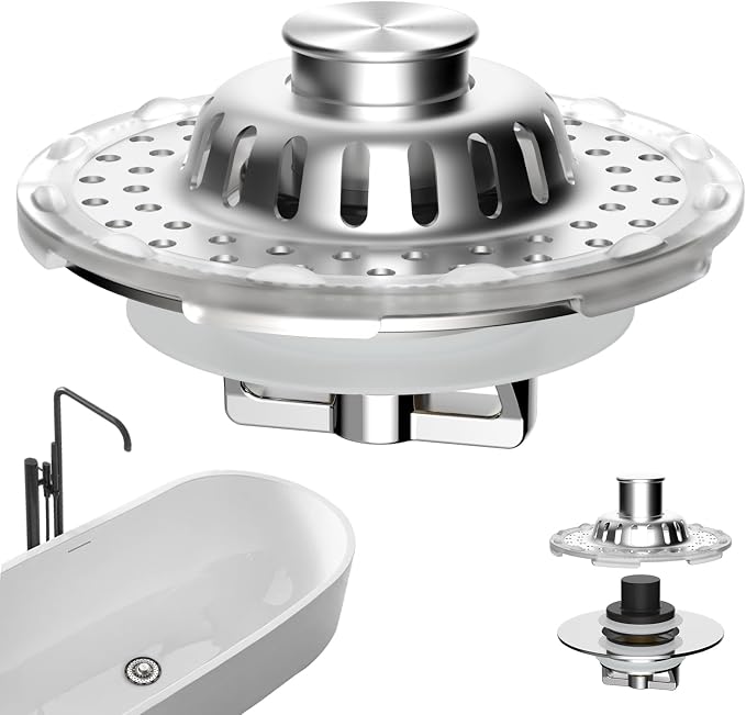 Universal Bathtub Drain Stopper, Metal Top Strainer Hair Catcher, Chrome | Shower Drain Tub Stopper with Stainless Steel Visible Filter Basket, Upgraded 3 in 1 Pop-up Drain Plug for 1.5 to 2.4" Hole