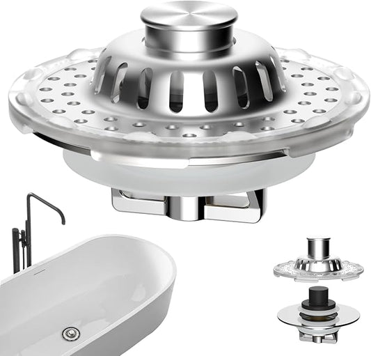Universal Bathtub Drain Stopper, Metal Top Strainer Hair Catcher, Chrome | Shower Drain Tub Stopper with Stainless Steel Visible Filter Basket, Upgraded 3 in 1 Pop-up Drain Plug for 1.5 to 2.4" Hole