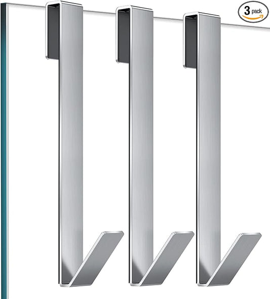 Shower Door Hooks 10 in, Shower Hooks for Towels, Heavy Duty Drilling-Free Extended Towel Hooks for Bathroom Frameless Glass Door, Over The Door Towel Hooks 3 Packs Silver
