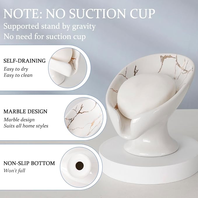 Soap Dish, Soap Holder Self Draining Leaf Shape Soap Dishes, Ceramic Drain Soap Dish for Sink Bathroom Shower Kitchen, Easy to Clean Keeps Soap Dry, Cream White & Gold Marble Pattern, ANTIS'S HOME