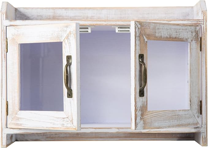 Rustic White Wood Counter Top Storage Cabinet Organizer Shelf Glass Window Doors Wooden Caddy Kitchen Bathroom Tabletop Vanity Chest Antique Farmhouse Style Mini Closet Box Rack Home
