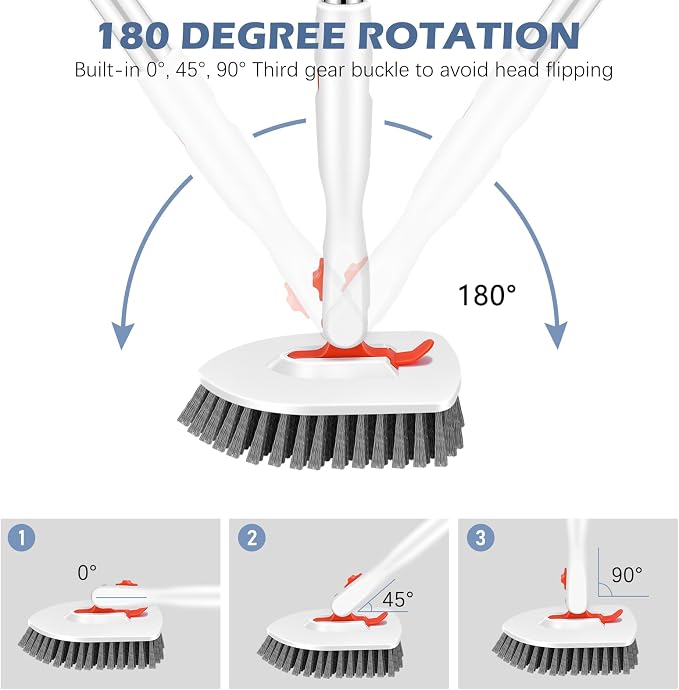 SetSail 4-in-1 Tile Tub Floor Scrubber with Floor Scrub Brush, Orange | with 3 Detachable Replacement Brush Head, Multi-Angle Cleaning Locks at 45°, 90°, 180° for Bathroom Kitchen Walls Tub Tile