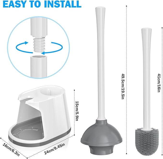 Toilet Plunger and Brush Set, Bowl Brush and Heavy Duty Toilet Plunger with Ventilated Holder, 2-in-1 Toilet Brush and Plunger Combo for 5.3-inch Toilet Drain Bathroom Deeply Cleaning(White & Grey)